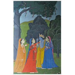 Antique Indian Folk Painting of Krishna and His Gopis, circa 1900