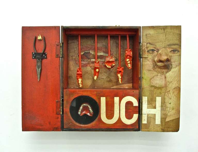 Jack Nelson
Ouch
1965
mixed media box sculpture
approx 16 x 12 x 6 inches signed en verso

We are still researching this enigmatic work of art. We believe it was executed by Jack Nelson (born 1929) who worked in Paris as an abstract painter in