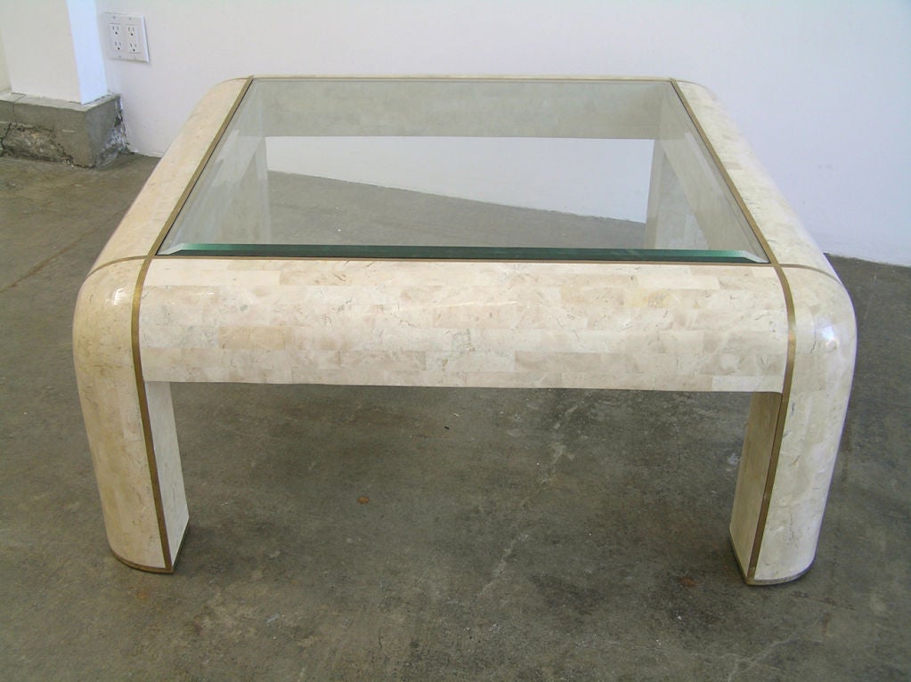 Tessellated Stone Coffee Table With Brass Inlay, clear beveled glass top