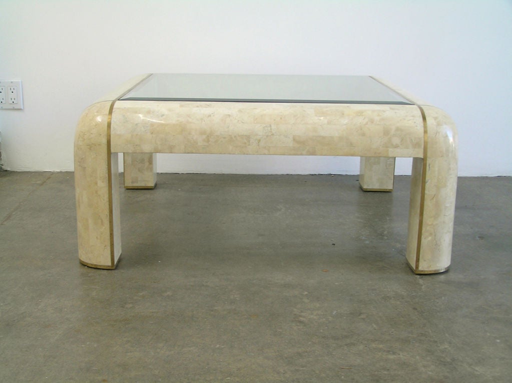 Late 20th Century Maitland Smith Tessellated Stone Coffee Table With Brass Inlay
