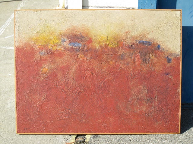 Louis Siegrist, San Louis Potosi, 1967, oil on panel, 37 x 49 inches, label on back from the Oakland Art Museum rental gallery. This is an abstract landscape done late in life by Louis Siegrist, one of the Society of Six painters, an influential