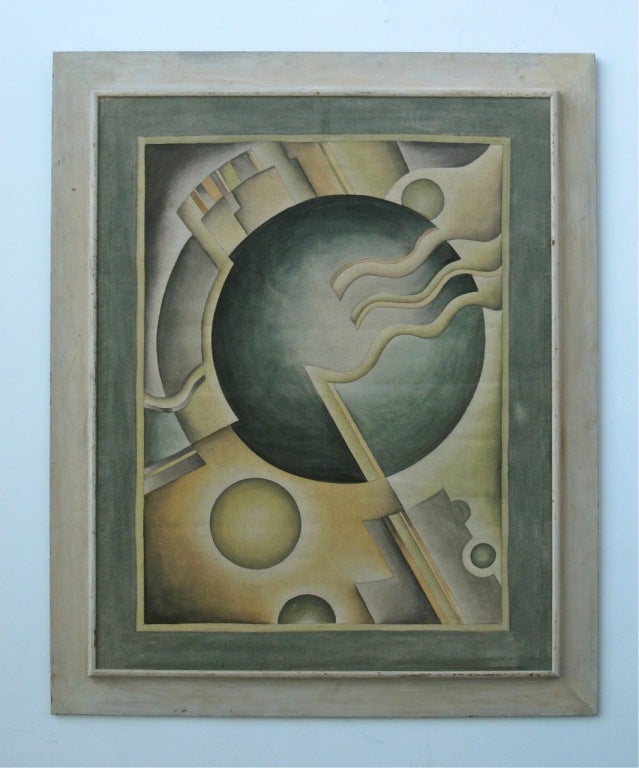 Large, vintage Art Deco, Modernist, machine-age painting in great period frame. Shades of Kandinsky, Rudolf Bauer, Rolph Scarlett, et al. Oil on unstretched linen, dry mounted on archival panel. Circa 1935. Fragment of a studio label en verso.