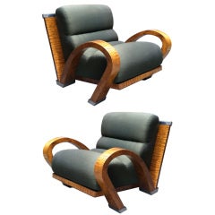 Pair of Exotic Wood Lounge Chairs with Stainless Accents By Pace