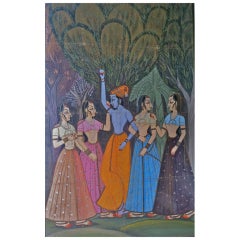 Lush, Turn of the Century Indian Painting of Krishna and his Gopis