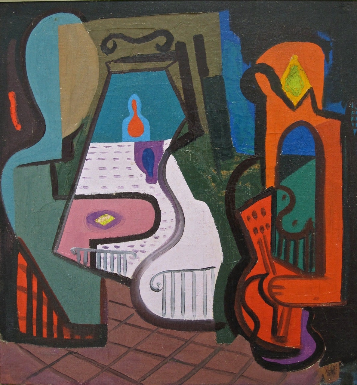 Theatrical Cubist Interior Painting, 1940s