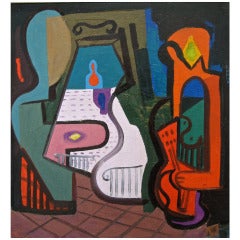 Vintage Theatrical Cubist Interior Painting, 1940s