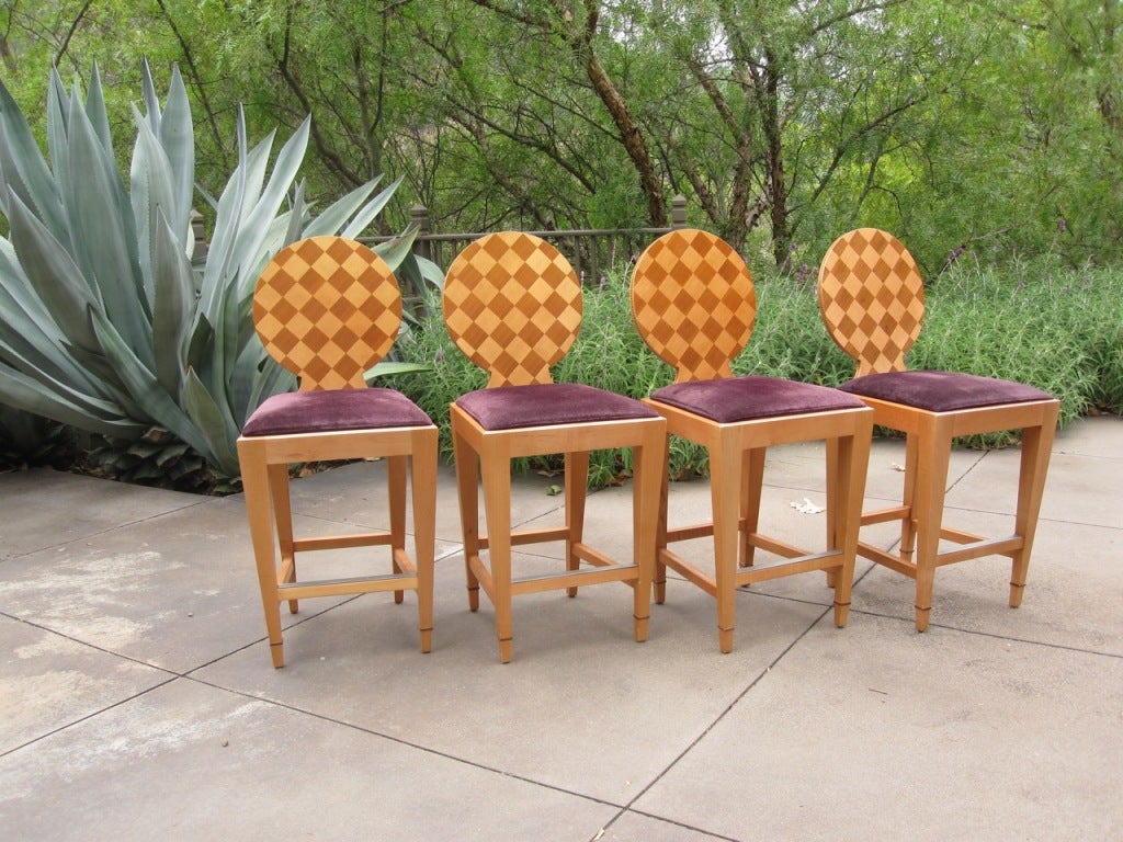 Suite of Donghia Bar Stools, Wood and Marquetry