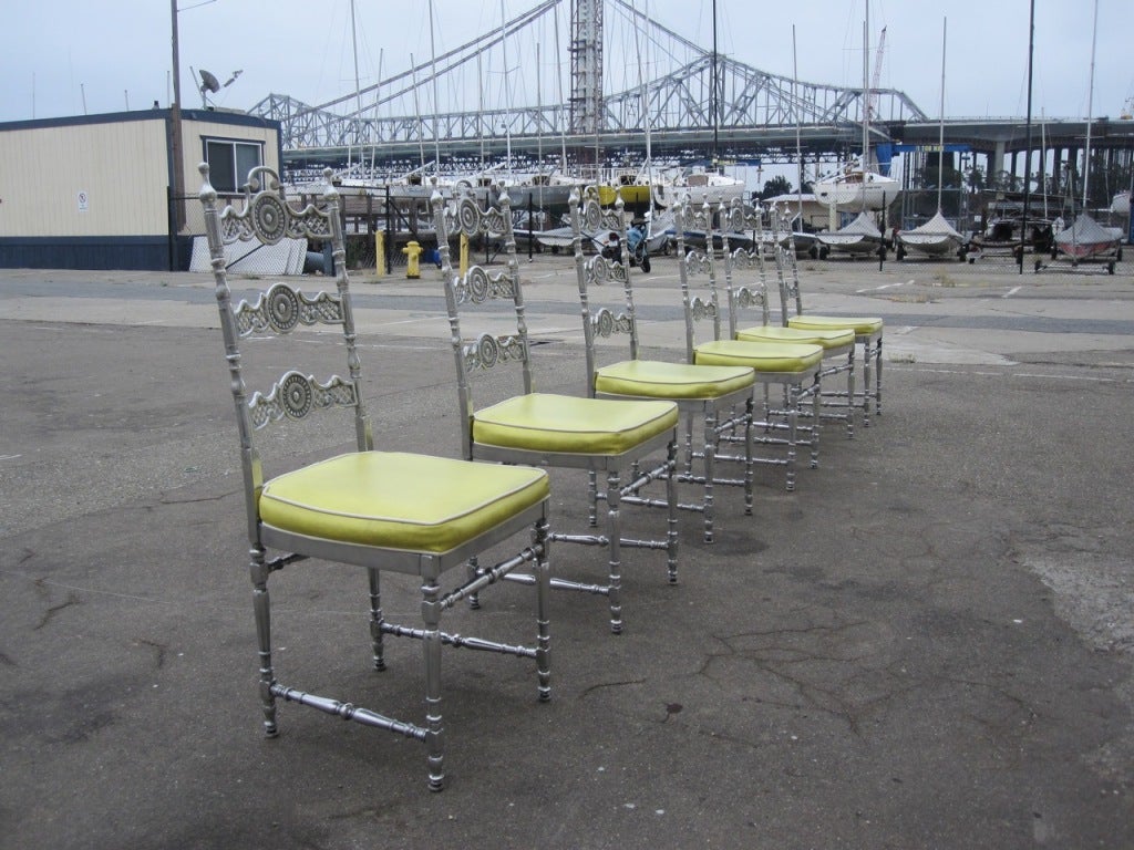 American Set of 1960s Polished Aluminum Renaissance Revival Dining Chairs