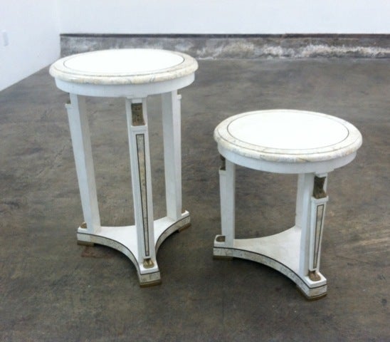 Maitland Smith, occasional tables, inspired by neoclassical design, circa 1980s, tesselated stone with cast brass figures. Tall table is 27.5 high and 18 inches in diameter and is $2800. Low table is 19 inches high and 18 inches in diameter and is