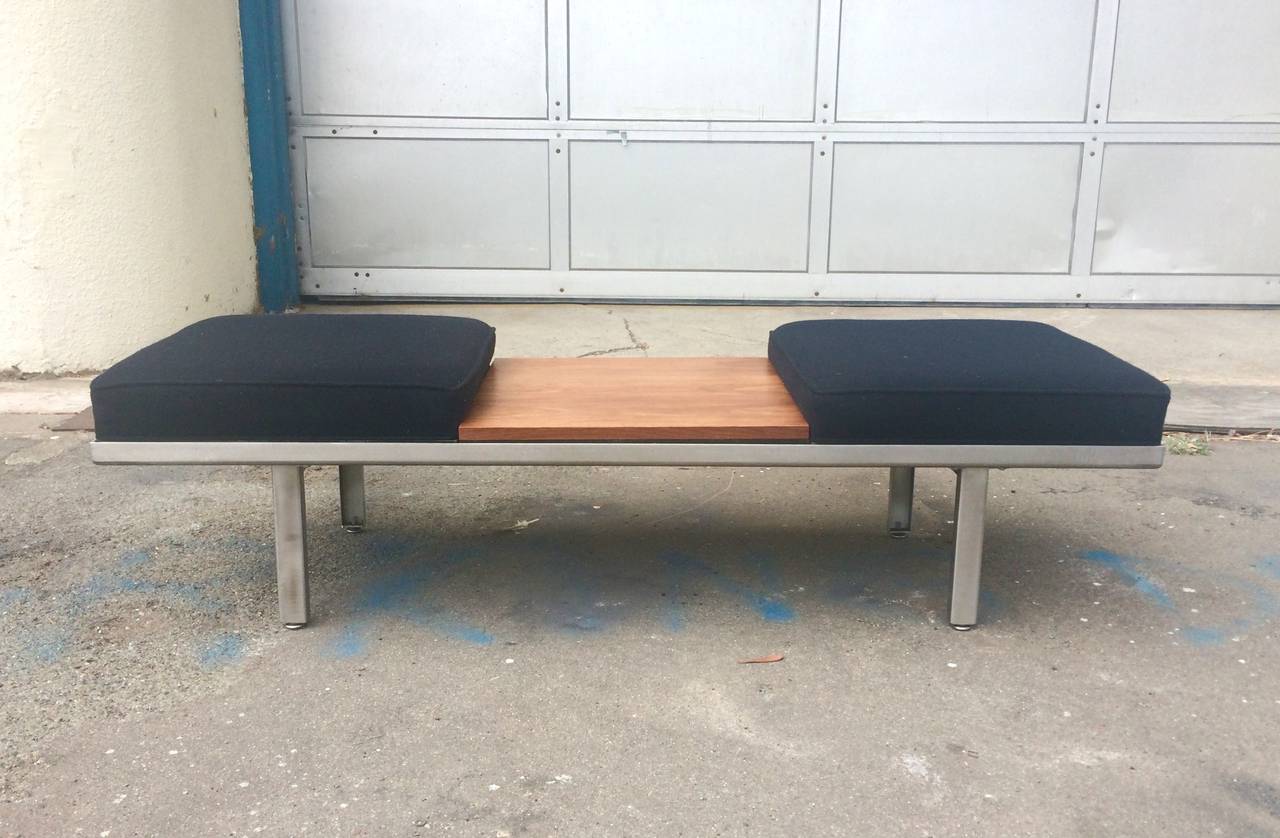 George Nelson
Steel frame Bench
circa 1950s
steel, walnut, wool upholstery
Excellent condition
$2500

This bench is modular. The cushions and table can be re-ordered in any configuration. The bench was originally purchased in 1958 for the