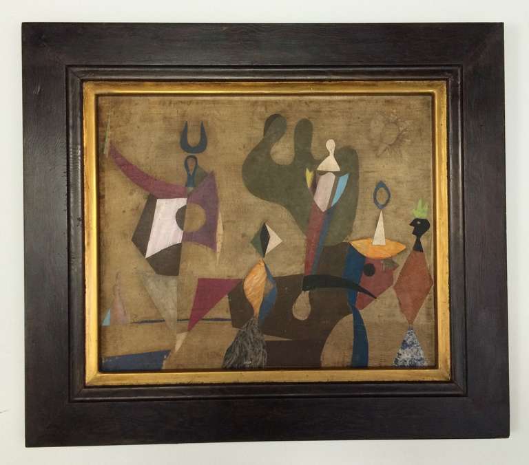 Jean Varda, Untitled Dada collage, circa 1940, mixed media on fabric wrapped over masonite, 18 x 22 inches<br />
Overall very good condition, a couple of minor losses and normal wear consistent with age.<br />
<br />
Jean Varda (1873-1971) born