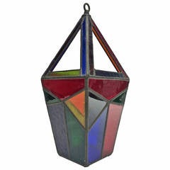 Midcentury Geometric Stained Glass Hanging Lamp