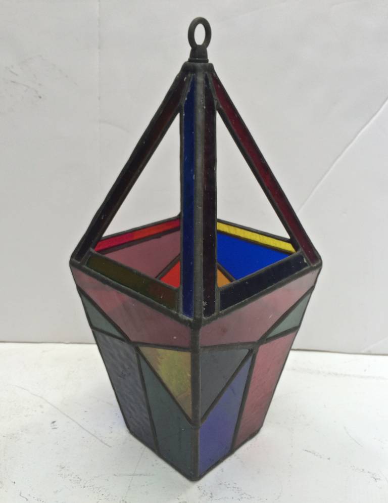 Midcentury Geometric Stained Glass Hanging Lamp In Excellent Condition In Treasure Island, CA
