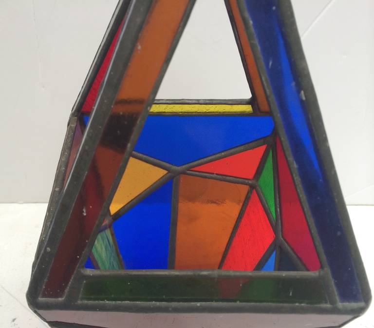 Lead Midcentury Geometric Stained Glass Hanging Lamp
