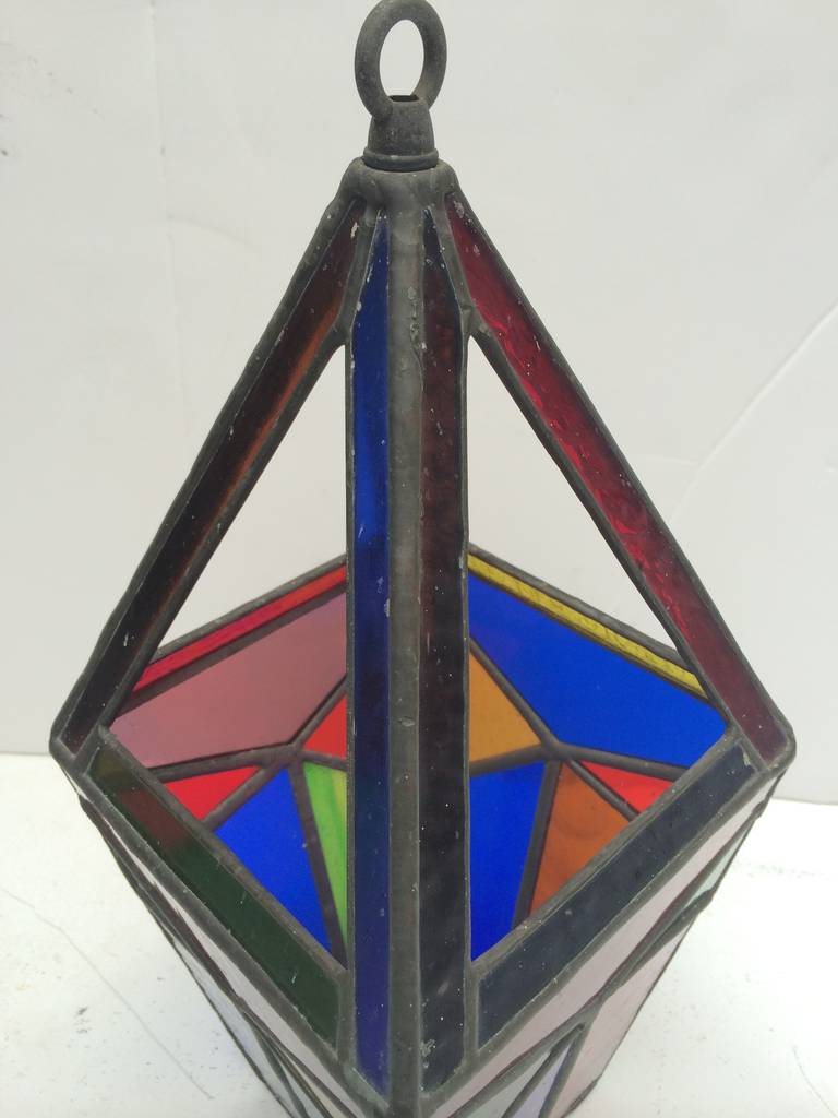 Mid-20th Century Midcentury Geometric Stained Glass Hanging Lamp