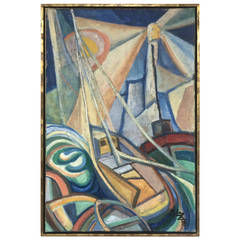Cubist Expressionist Scene of Boats with Lighthouse