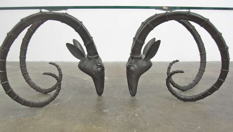 Art Deco Cast Brass Rams Head coffee table by  Léon François Chervet