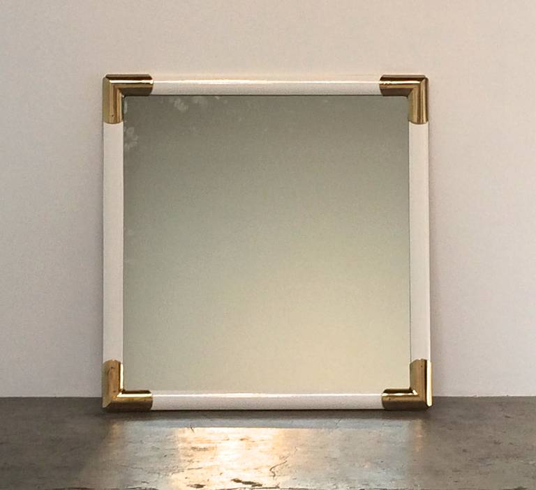 Glam 1970s Mirror in White Lacquered Wood with Brass Corners