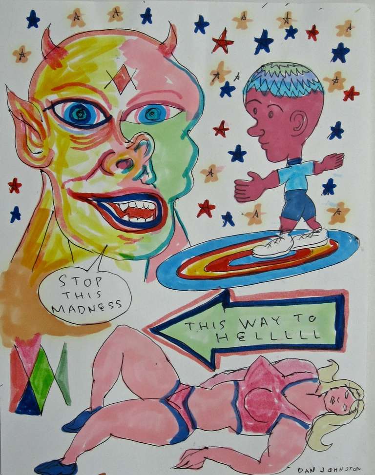 Daniel Johnston 
Untitled (five works)
2004-2005
colored marker on paper
11 x 8.5 inches each
archivally framed
excellent condition
$700 each

Daniel Johnston is an artist and musician from Texas who has been creating visual art and music