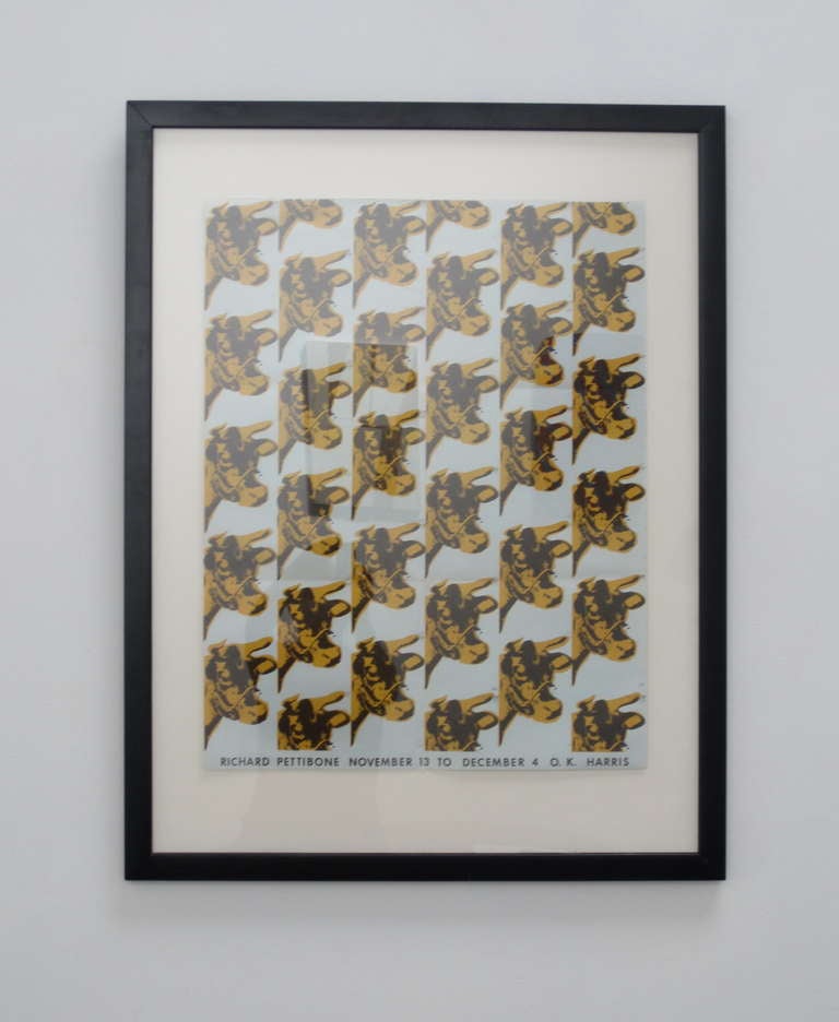 Richard Pettibone
Cow Wallpaper, Warhol
1970
Silkscreen on paper
26.75 x 20.75
Edition size unknown, poster for OK Harris Gallery
Creases at the tri-fold from folding for mailing
Otherwise excellent condition
Archivally framed

Richard