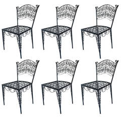 Ornate Set of Six Metal French Art Deco Patio Chairs, circa 1930