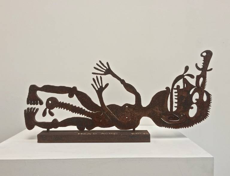 Mark Bullwinkle
Headache
1985
Blowtorch-Cut Steel
39 x 19 x 4 inches
Excellent condition

Mark Bullwinkle (born 1946) is a noted Oakland, CA-based sculptor. He uses the skills he learned as a printmaker and a blowtorch to make graphic steel