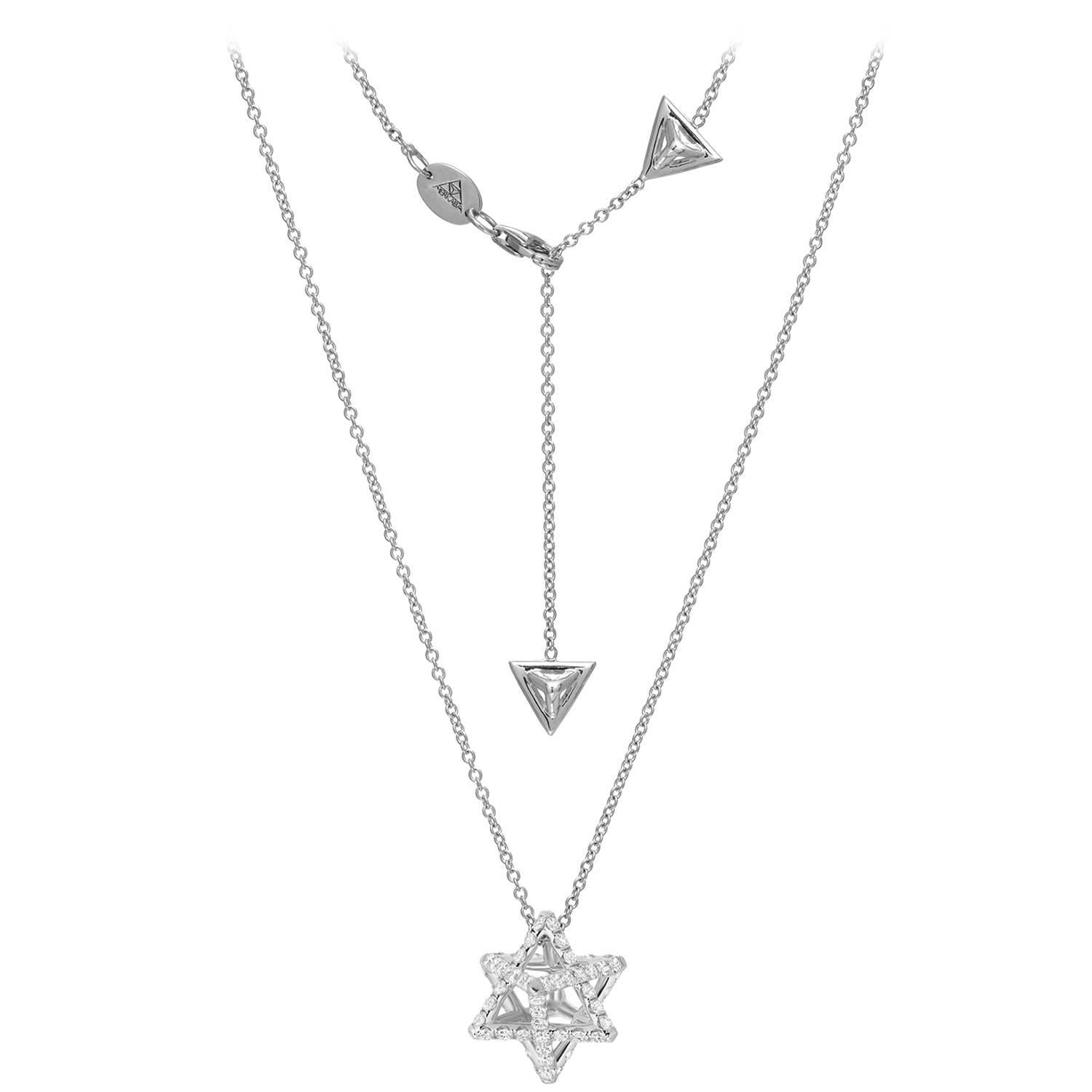 Merkaba Star, platinum pendant necklace, featuring a total of approximately 1.12 carats round brilliant collection diamonds. This heirloom-quality, sacred geometric jewelry piece suspends elegantly at the chest, measuring 0.68 inches, a