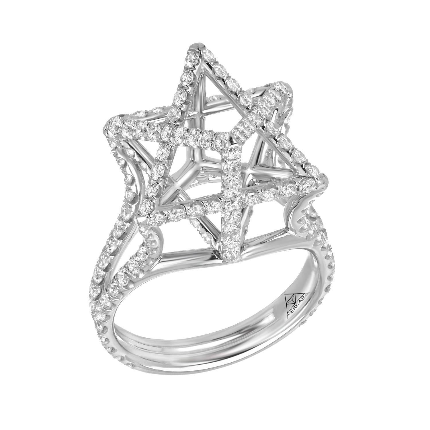 This heirloom-quality large platinum Merkaba ring features a total of approximately 2.02 carats of round brilliant diamonds, F-G color and VVS2-VS1 clarity. This three dimensional architectural design extends upward from the hand, 0.53 inches.
Each