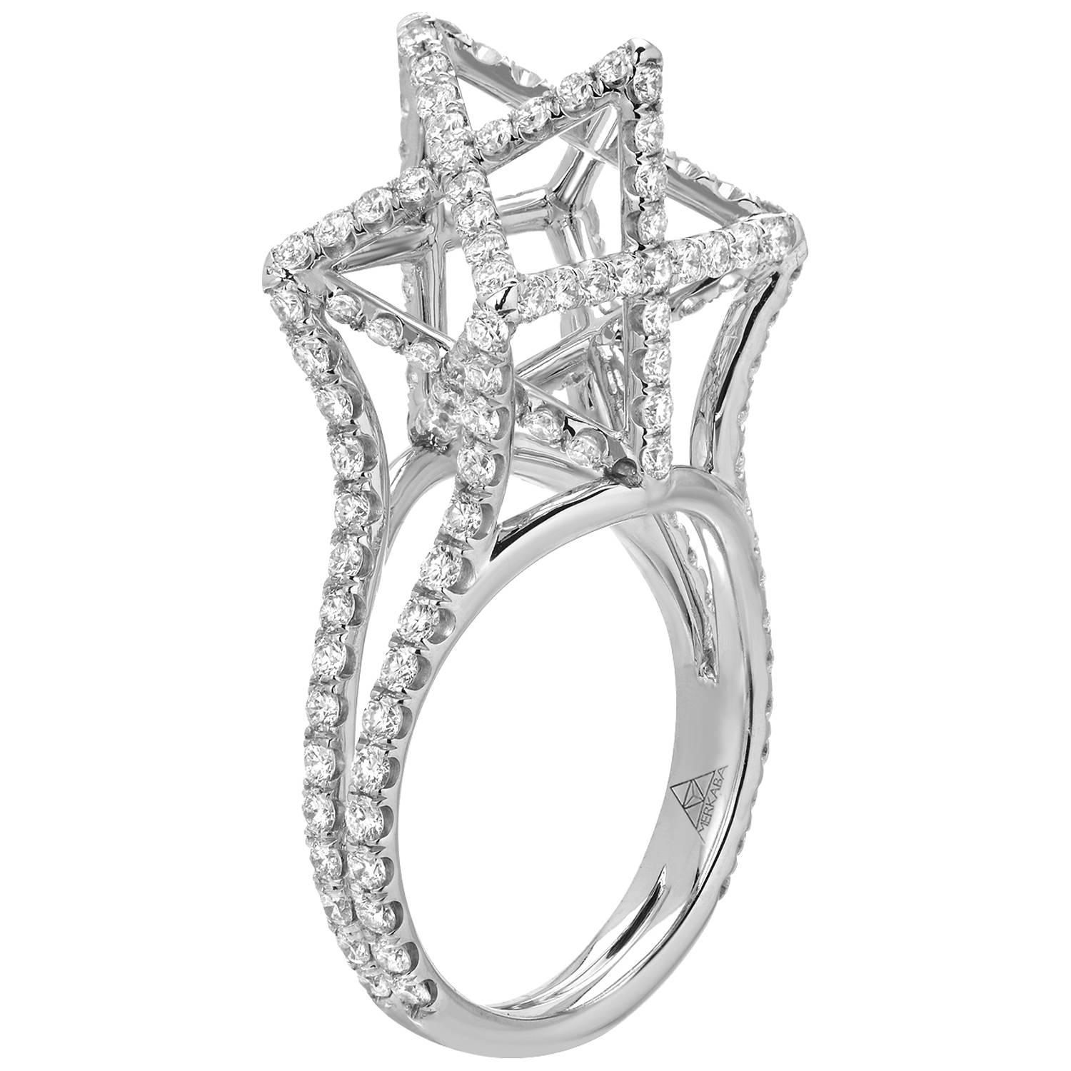 Merkaba Diamond Platinum Ring Three Dimensional Star