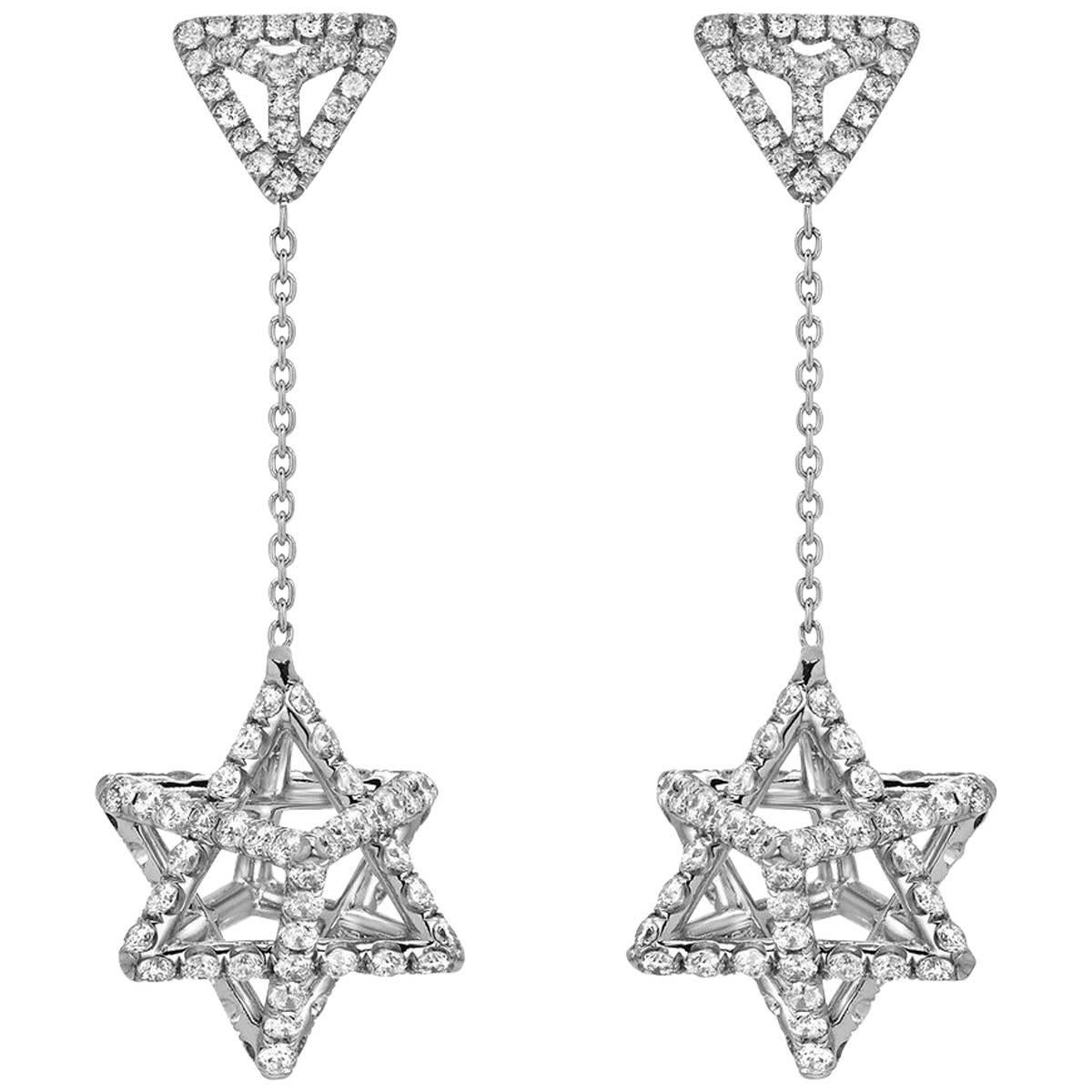 Merkaba Diamond Platinum Drop Earrings Three Diamensional Star