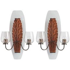 Set of Two Exquisite Italian Sconces by Franco Buzzi with Carved Wood Leaves