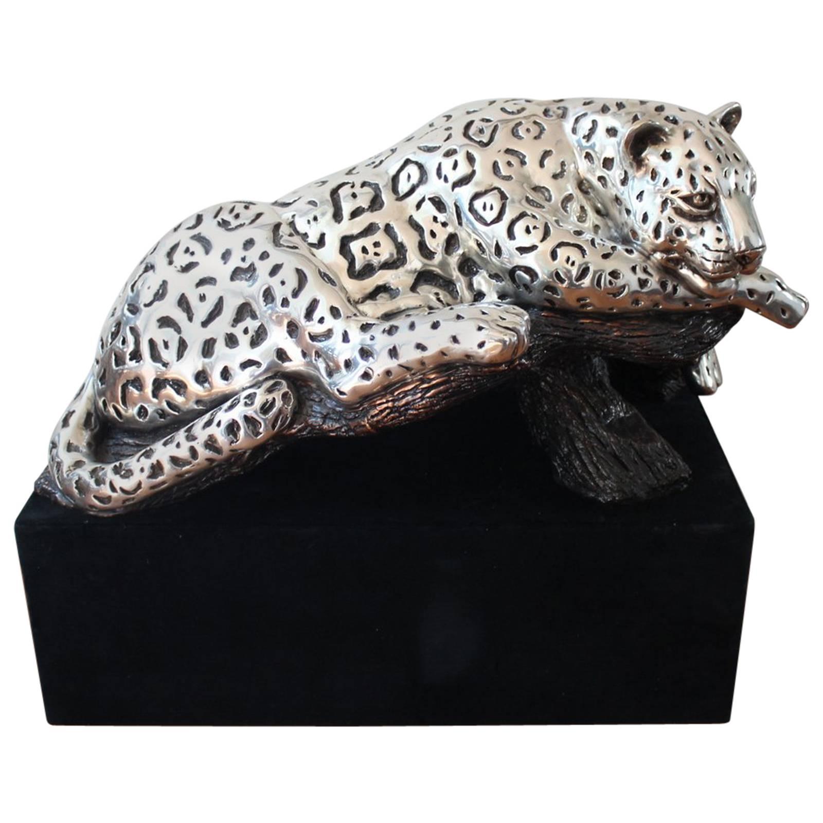 D'argenta Large Silver Plated Jaguar on Branch Sculpture Richard del Rio