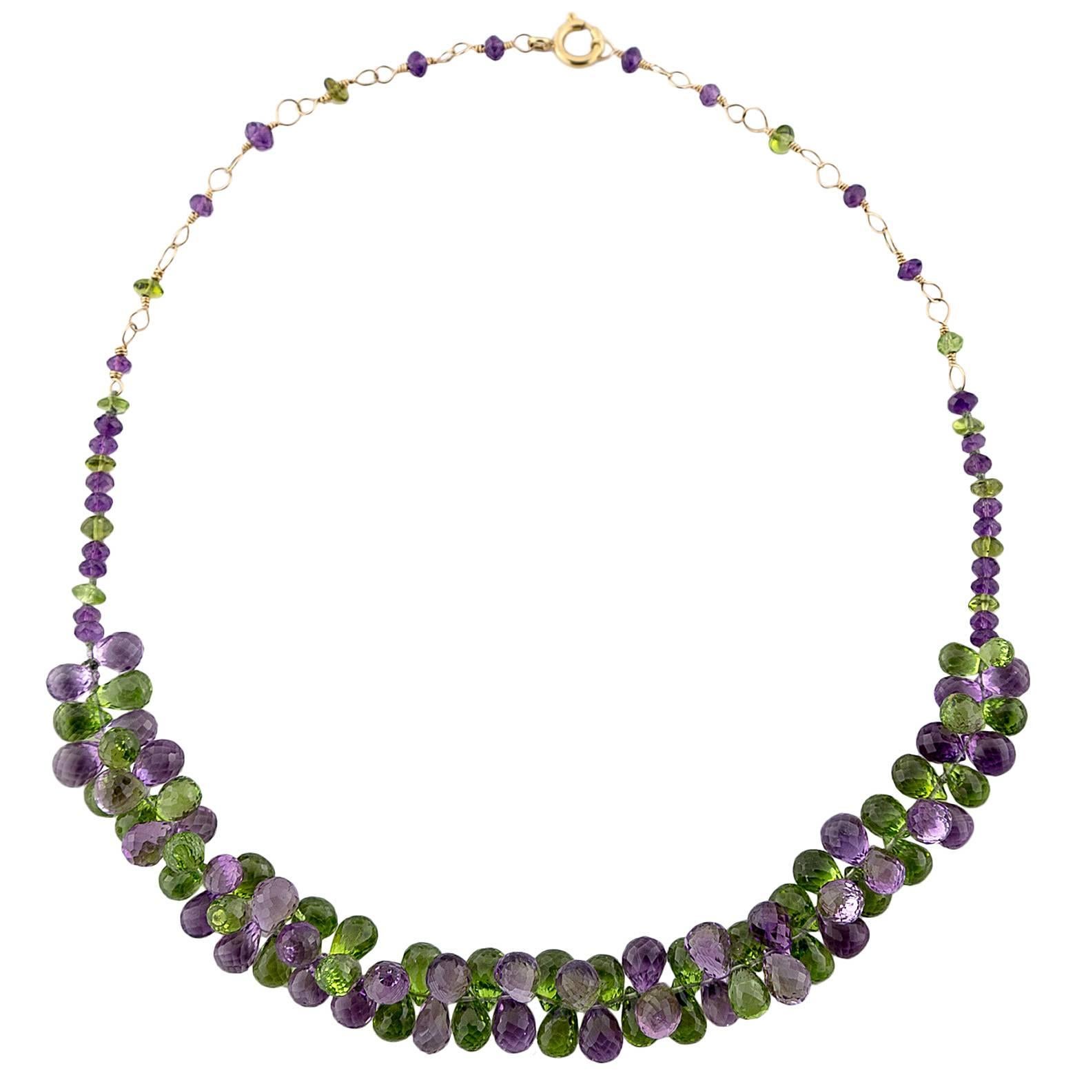 Gold Filled Necklace with Briolette Amethysts and Briolette Peridots