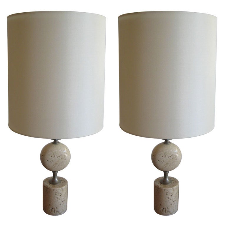 Pair of Barbier Nickel and Travertine Table Lamps For Sale