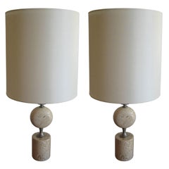 Retro Pair of Barbier Nickel and Travertine Table Lamps