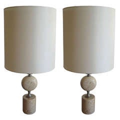 Pair of Barbier Nickel and Travertine Table Lamps 6
