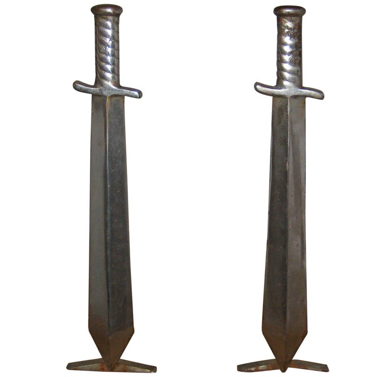 Pair of Cast Iron Sword Andirons c. 1910 For Sale at 1stdibs
