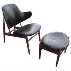 IB Kofod-Larsen Teak and Leather Lounge Chair and Ottoman