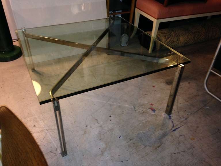 Rare example shows the influence of Probber's 1967 aluminum group, Mies Van der Rohe and Poul Kjærholm on American design. Solid polished aluminum frame with aluminum hex screws. Price includes new 1/2