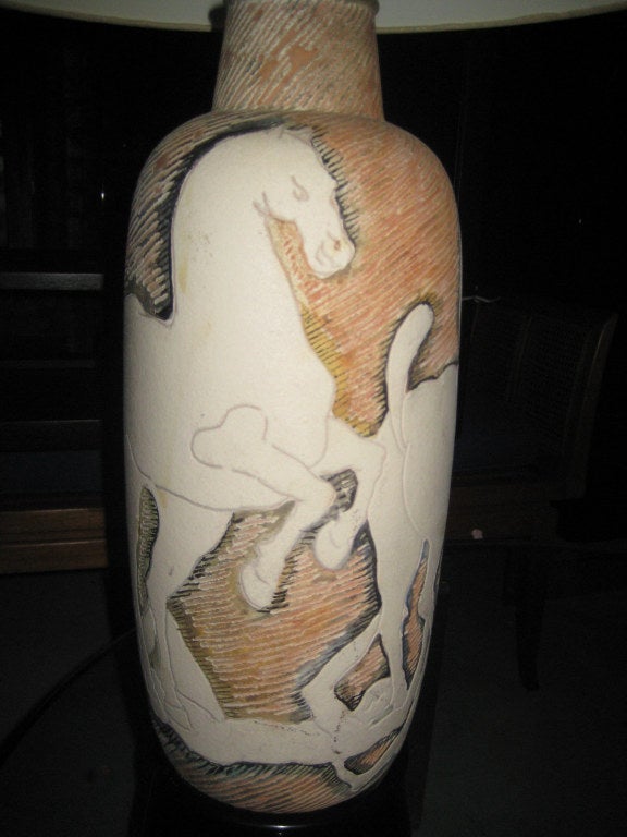 Painted sgraffito design of an equestrian scene.  Lovely earthtone colors. Signed on underside with insignia indicating these lamps were produced and decorated in Fantoni's personal studio.