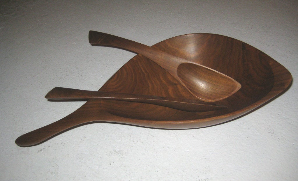 Three bowls available, one with a set of serving tongs. The largest bowl is a rare example in solid Brazilian rosewood, and measures over 25