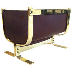 Vintage Albrizzi Leather and Brass Log Holder or Magazine Basket