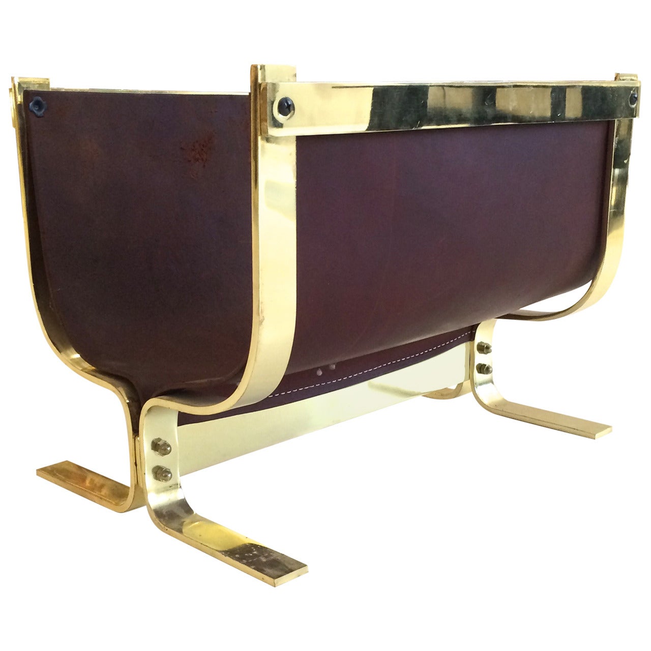 Albrizzi Leather and Brass Log Holder or Magazine Basket