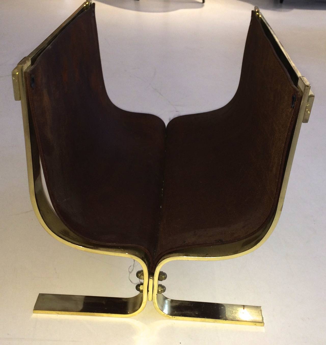 Italian Albrizzi Leather and Brass Log Holder or Magazine Basket