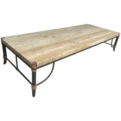 Vintage Italian Travertine, Bronze and Enamel Coffee Table