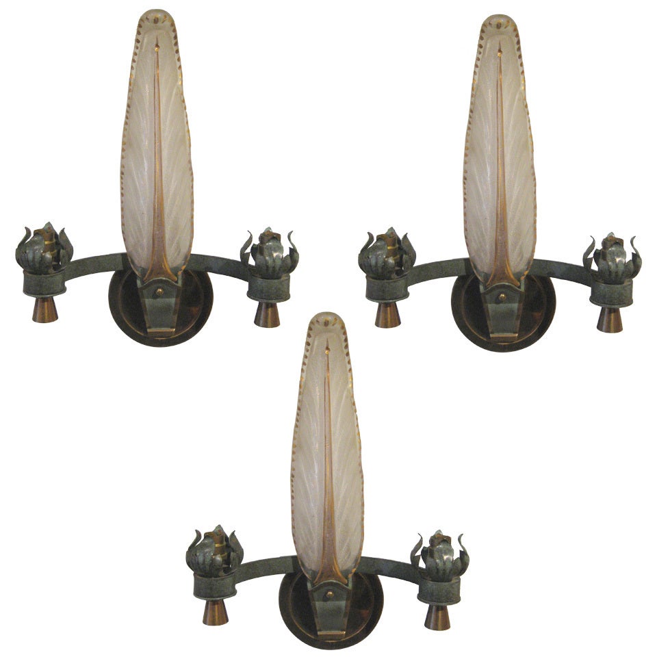 Three French Bronze and Glass Sconces For Sale