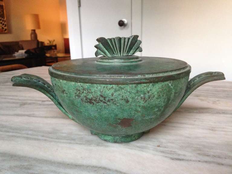 Large verdigris Art Deco bowl with lid dates from the late 1920s. Signed to underside.