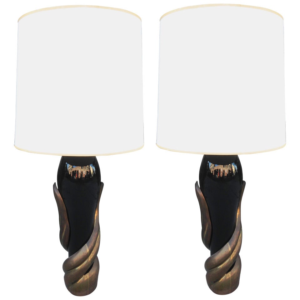 Pair of Bronze and Ceramic Lamps by Enzo Missoni