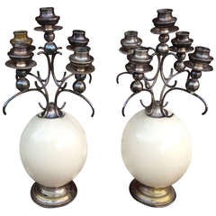 Pair of French Ostrich Egg and Silver Plate Candelabra