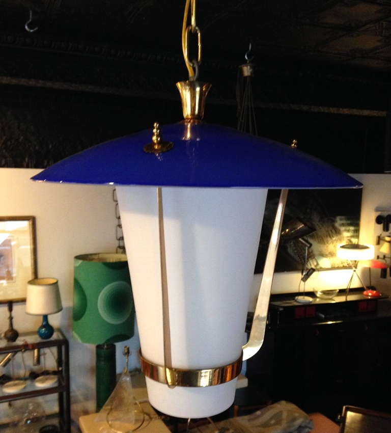 Italian Venini Brass and Cased Glass Lantern For Sale